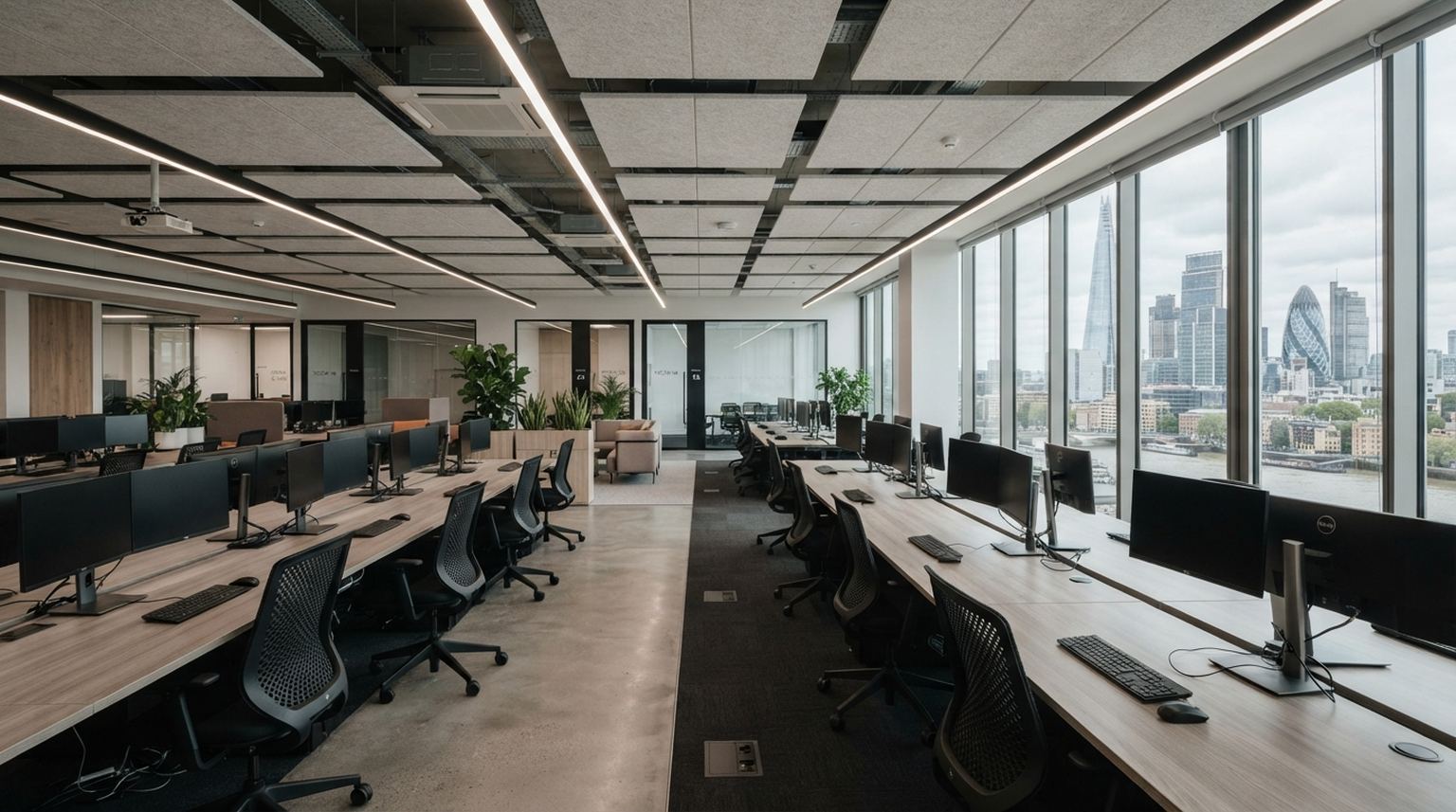 Open-plan London office with rows of ergonomic task chairs at empty desks
