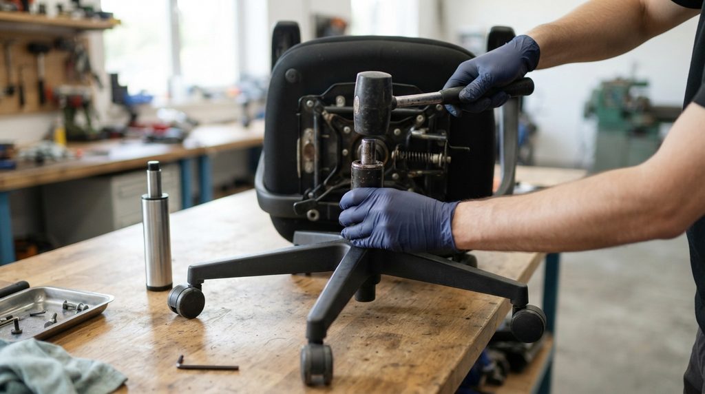 Chair repair technician replacing a gas lift cylinder on an office chair at a workbench