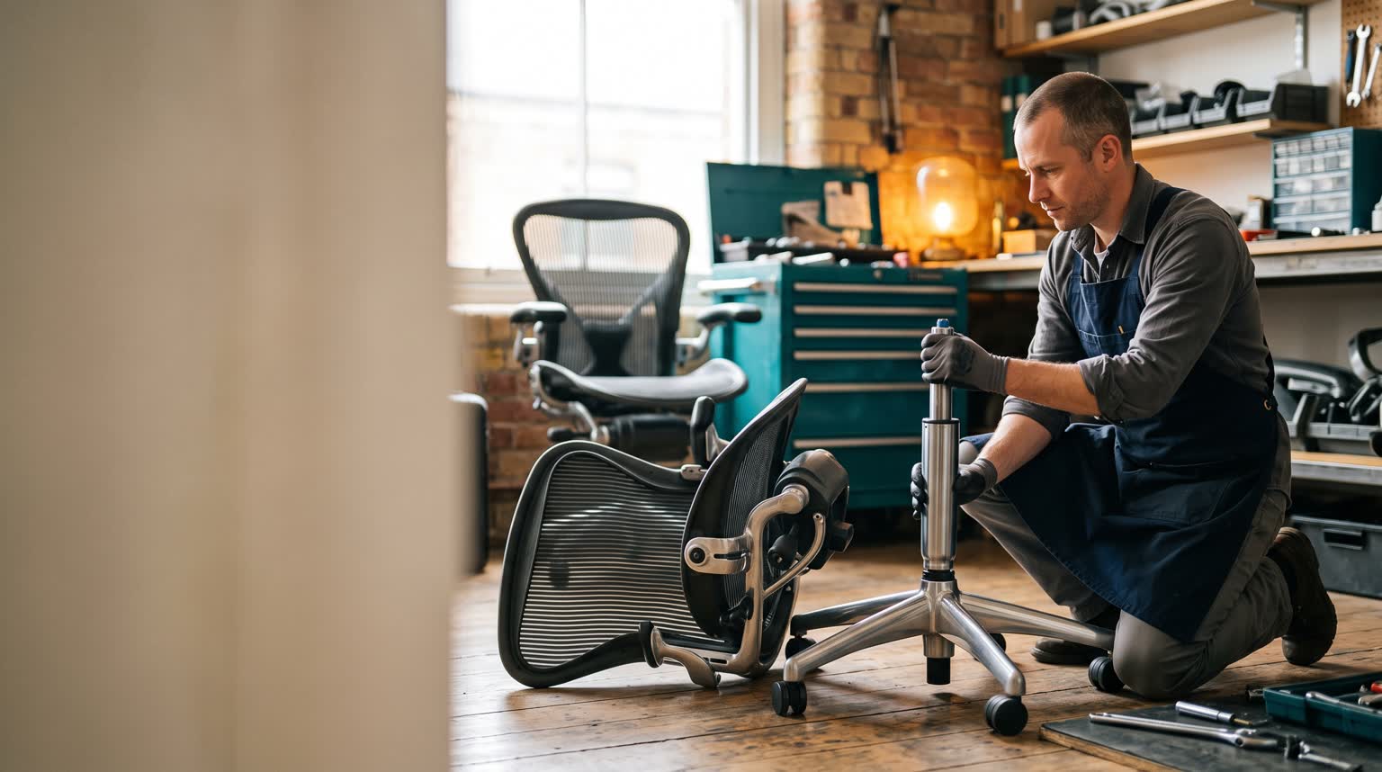 Technician replacing the gas lift cylinder on an ergonomic office chair in a London workshop