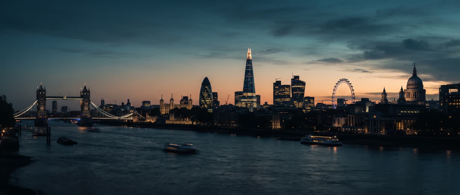 London skyline at dusk with Tower Bridge and the Shard above the River Thames